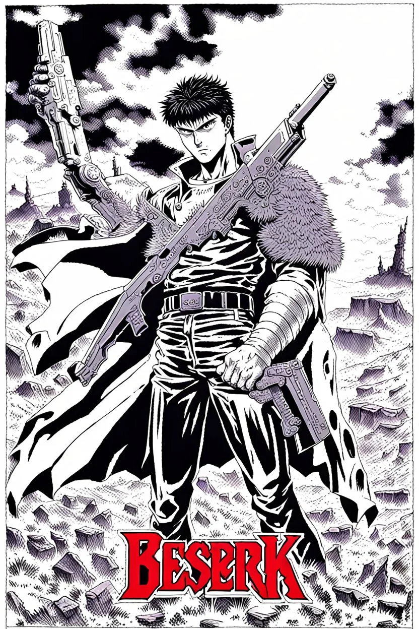 Guts from Berserk holds a revolver gun to his head.