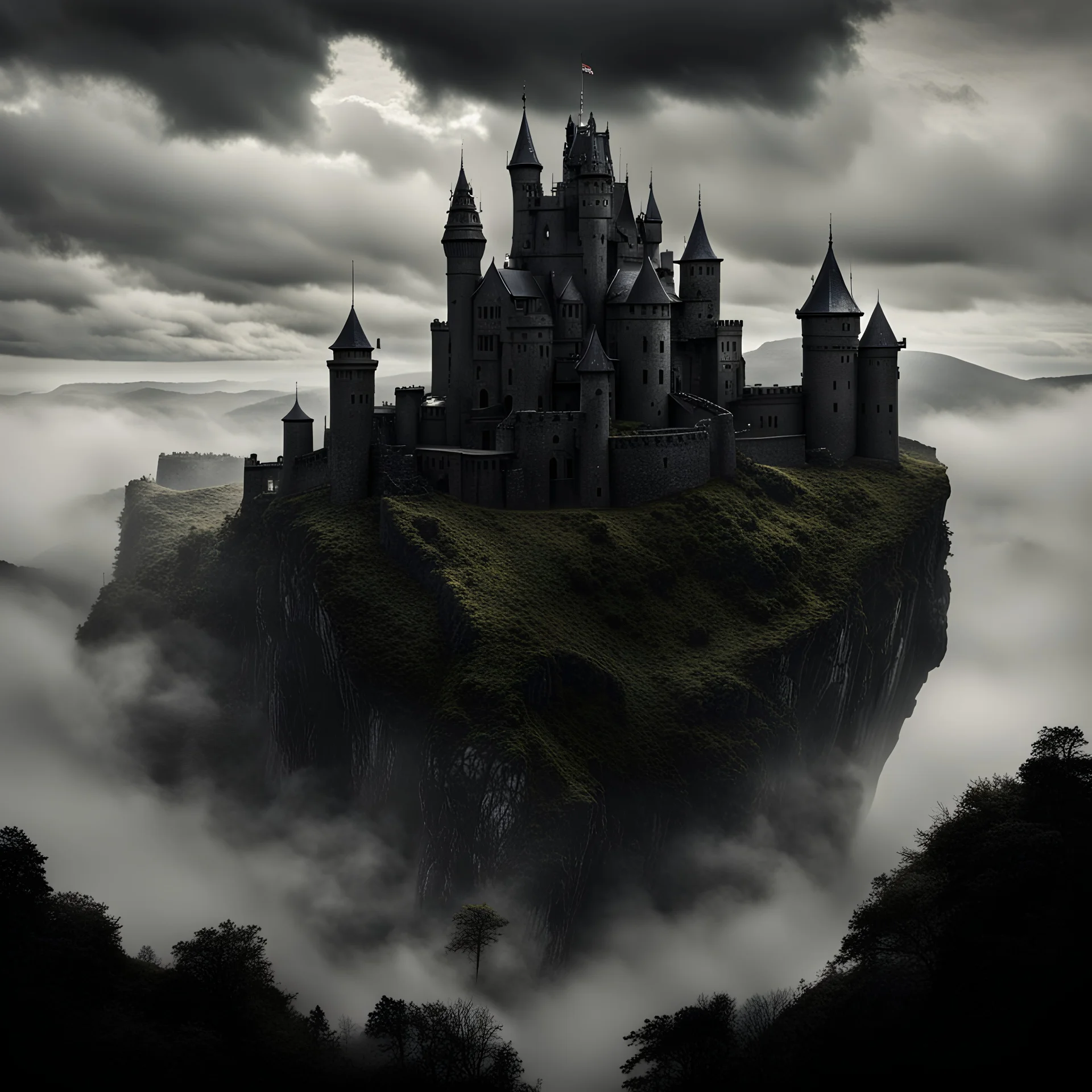 a black and menacing castle floating in midst air, hilly environment, cloudy sky