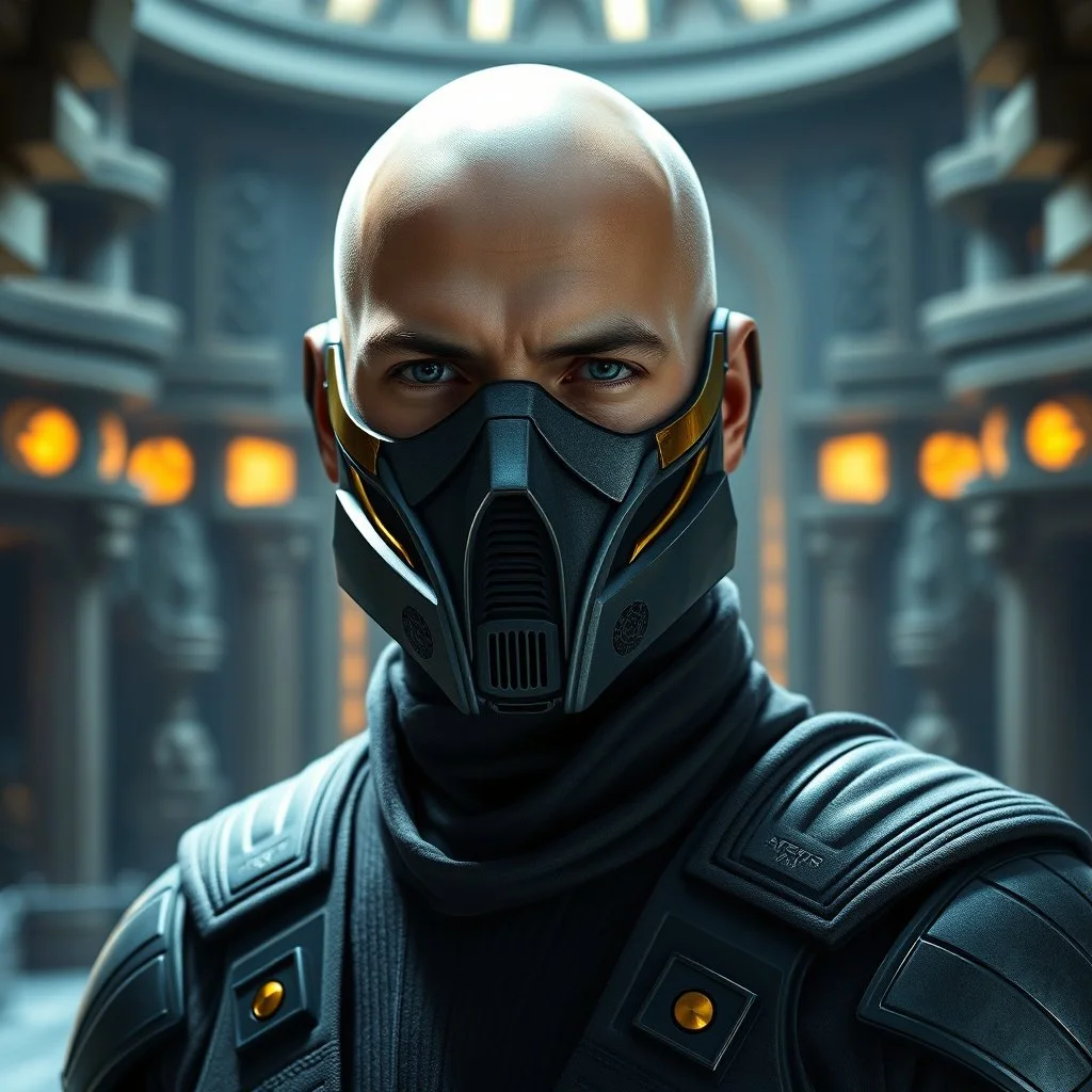 star wars bald male corellian jedi wearing gunmetal grey and black old republic armored flightsuit and breath mask with gold and metallic red trim inside the jedi temple, centered head and shoulders portrait, hyperdetailed, dynamic lighting, hyperdetailed background, 8k resolution, volumetric lighting, light skin, fully symmetric details