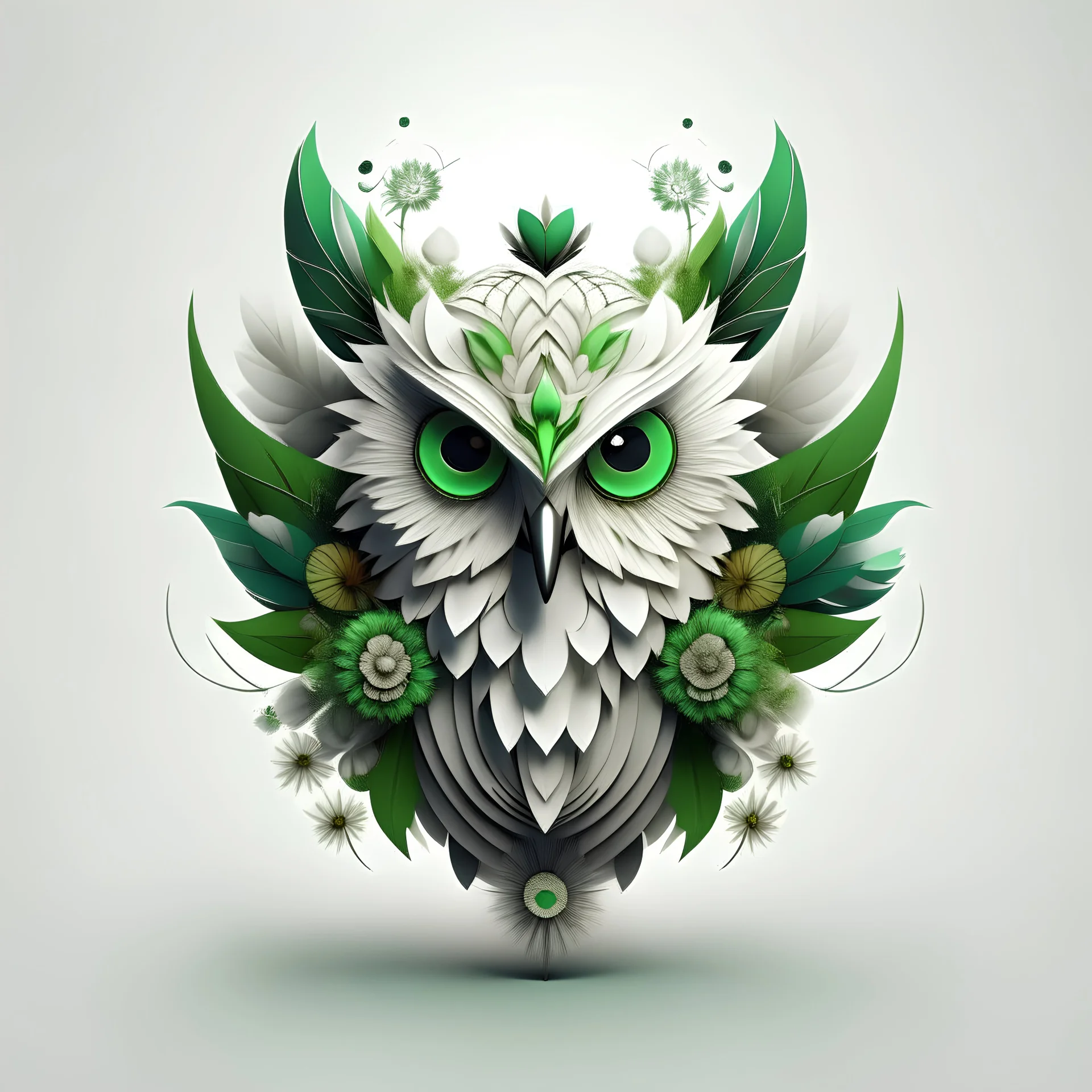 logo design, complex, trippy, bunchy, 3d lighting, 3d, owl, realistic head, white and green , floral, flowers, cut out, modern, feather, symmetrical, center, abstract