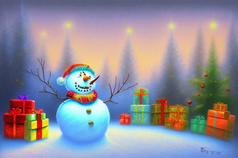 Impressionism, acrylic paint, pastel colors, christmas scene, snowman, christmas tree, christmas lights, wreath, presents