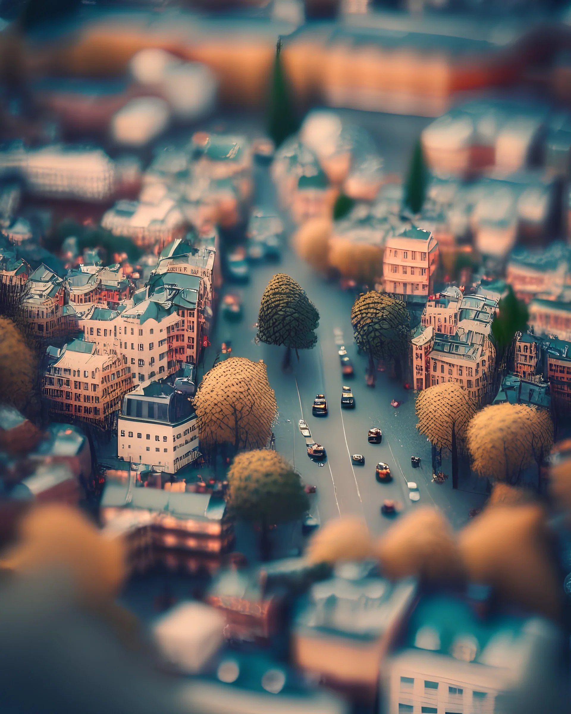 Tilt-shift photography of a city with a bunch of trees