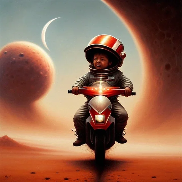 1yo little boy is on safari on the moon. riding on the red dinosaur bike. he has big and a funny hat. High detailed. Cinematic. oil on canvas painting. Warm lights. beksinski