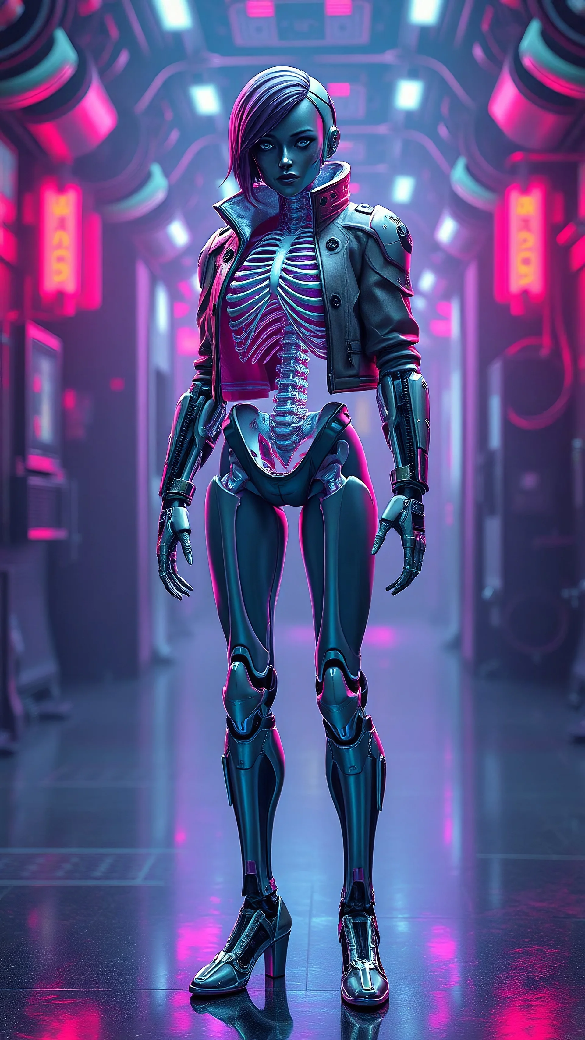 An unusual and surreal blend of exoskeletals anatomy and figure structure of a beauty Lisa fullbody escaping pretty appearance . The figure auto standing on floor at hypertechno mecha. Very details and intriciate figure fantasy surrealism, wearing jacket hypertechno. 3D final fantasy rendering unreal engine styles, stylized vibrants colors