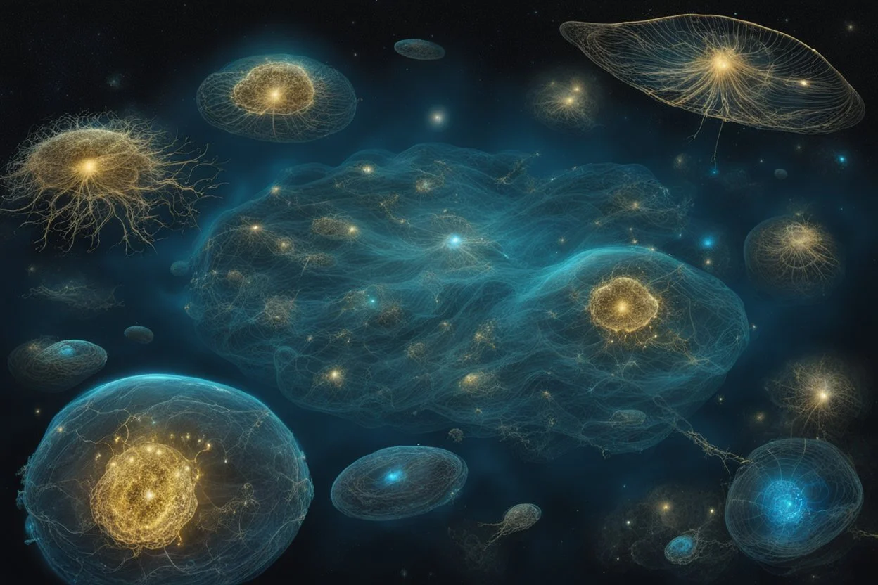 Bioluminescence Amoebae creatures floating unter the dark blue water with inside microchips, dark sky, nebulas, meteor, Dark Night. Bioluminescent world wide web with sparkling gold particles, etheraly, biotech, fantasy art, science fiction, perfect focus, high contrast, ultra quality, cinematic