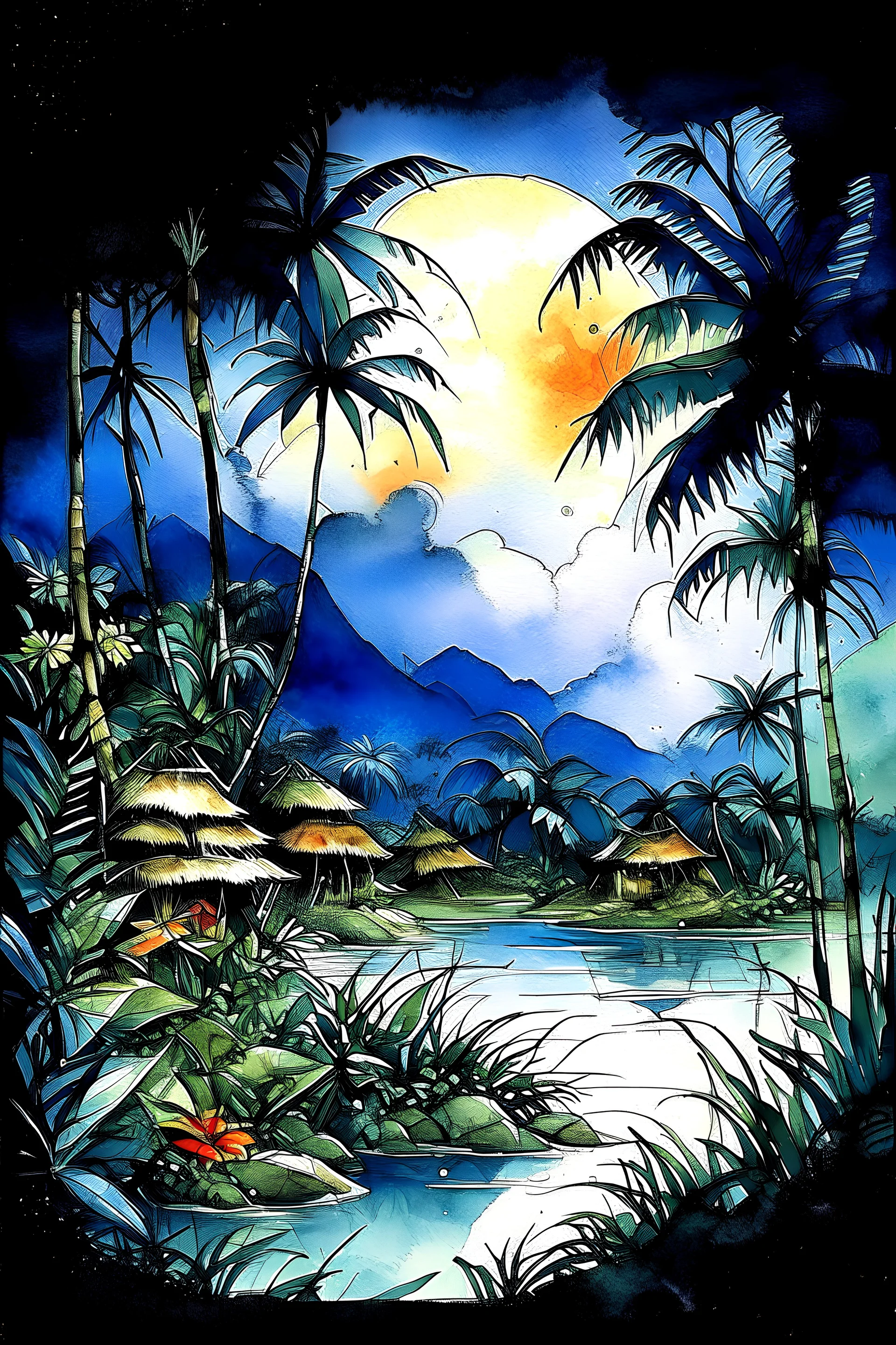 deseneaza o cu acuarela umeda in în stilul artistic , in stilul FolkArt un peisaj din jungla peruana cu un sat de salbatici , adunati langa foc noaptea pe luna pe malul unei ape ,acuarelă umeda și tuș in stil Jean-Baptiste Monge cu lumini si umbre, hasurata cu linii oblice , cu outlinii de contrast la culori ,cu mare acuratete si contrast, detalii complicate, premiat, colorat, calitate clară