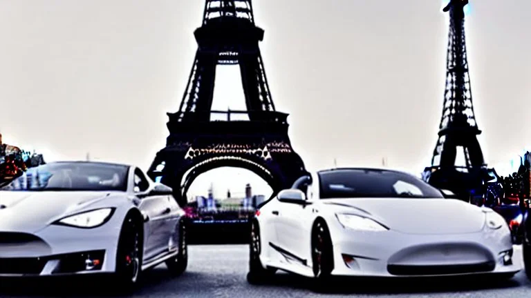 A Tesla's 'Model S Plaid' is racing at top speed, by the Eiffel Tower, in Paris. CINEMATIC. WIDE ANGLE LENS.