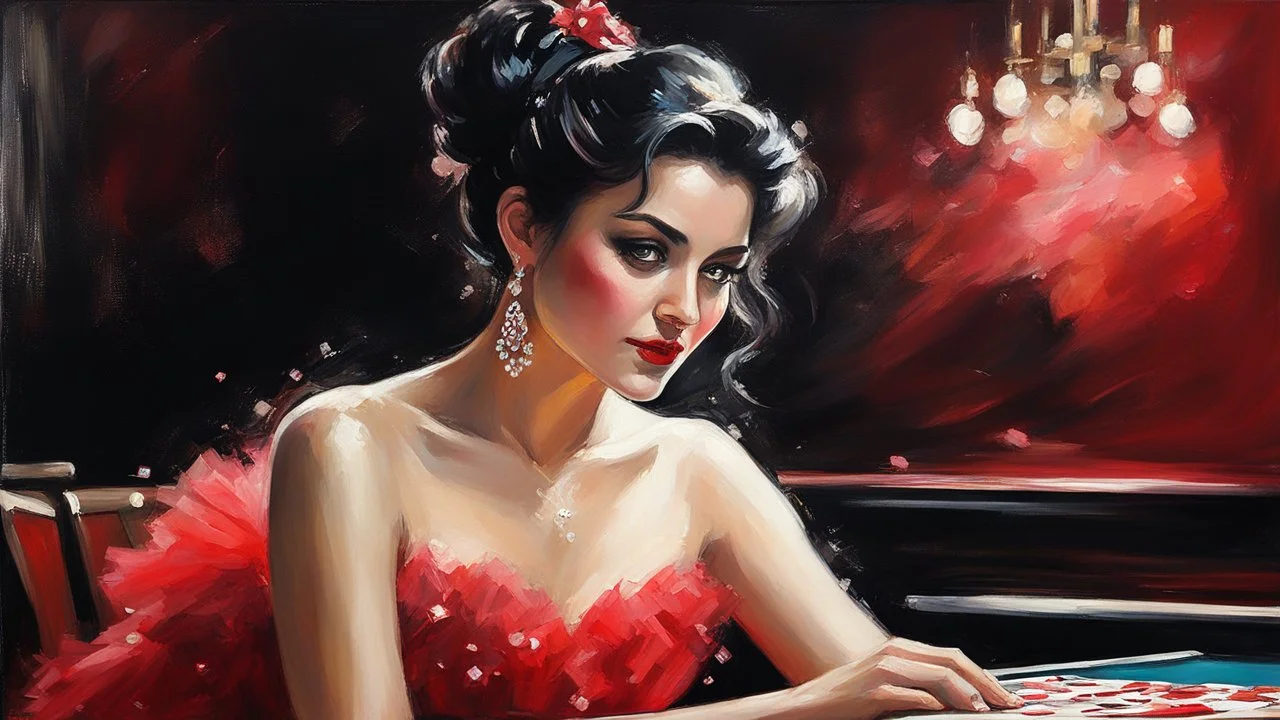 impressionist oil painting smooth brush strokes "head and shoulder" beautiful woman sitting at poker table elegant red tulle and shiny dress, red jewelry black hair in a bun, big hanging curls, slight smile, eyes downcast, long eyelashes cards in hand dark background other small cards flying around her some deteriorating grainy noise falling particles, backlight