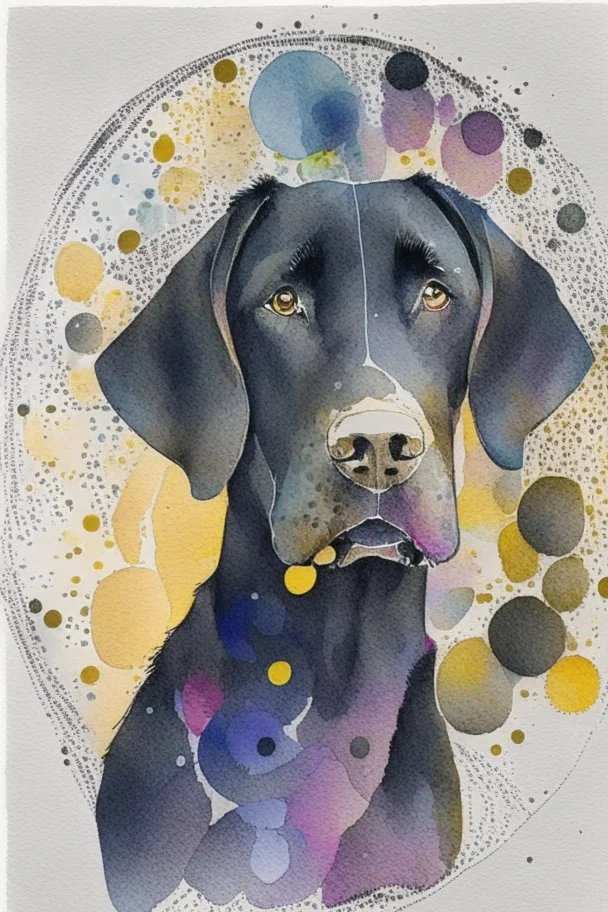 abstract watercolour of a black Labrador dog’s head in the style of Sabrina garassi with bifurcated circles