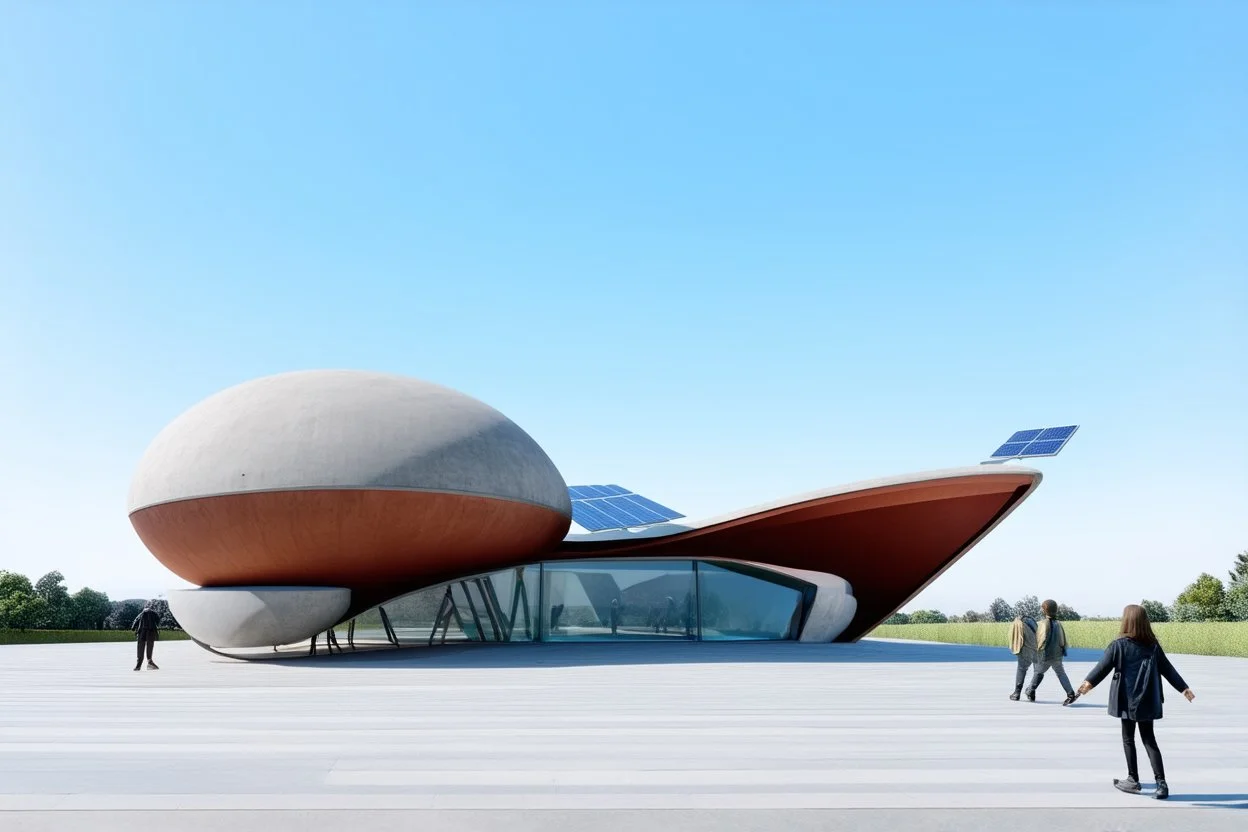 3D representation of architectural wonder, with a concrete design and matte reddish glass that contrasts with the light blue sky, emphasizing organic movement. Its design represents an ant with a bulbous tail and membrane wings with solar panels, its tail is made of concrete and glass. It stands out from pedestrians, creating a sense of scale. In open space, its use is a public place and as a great viewpoint in the mountains Combination of practicality and artistic expression in architecture