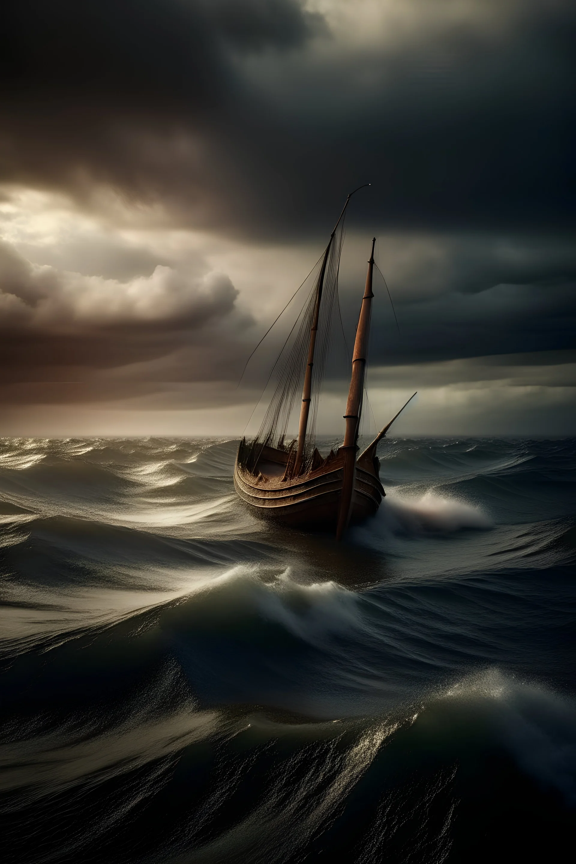 A real photographic landscape Super wide ,Ominous sky , Sailing boat , Wooden boat, Lotus , Huge waves,