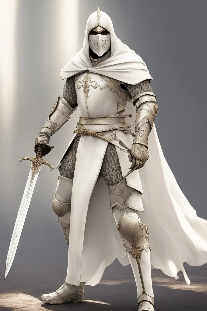 Knight wearing white armor and white cape with white face mask, holding a two handed sword