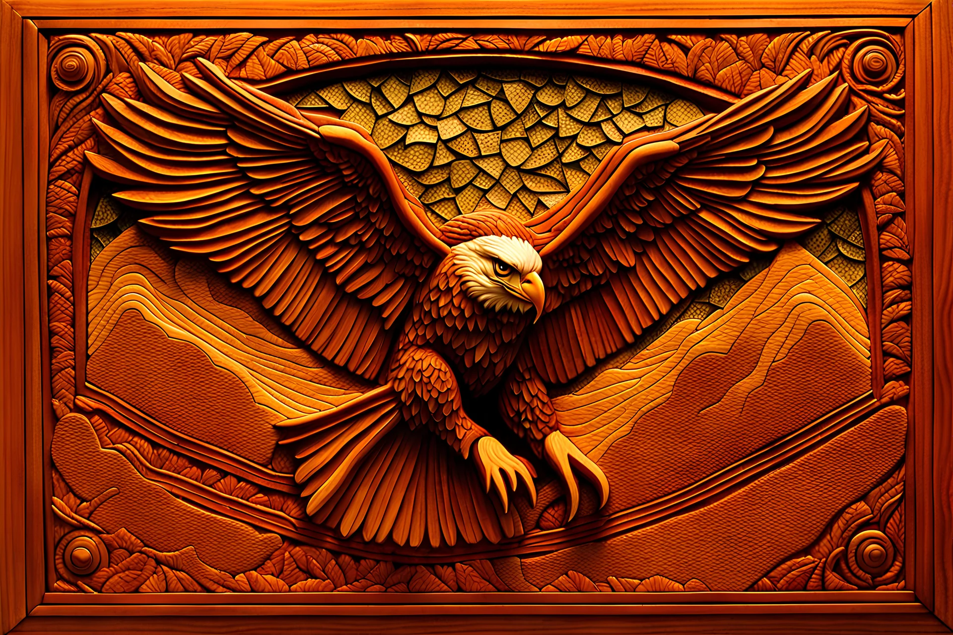 A stunning EAGLE and surrealistic hand-carved and mosaic artwork on wooden clay tiles, depicting an ethereal and fantastical subject. The intricate detailing and craftsmanship of the relief carving and mosaic work create a mesmerizing and visually captivating art piece. The technique combines the finesse of wood carving with the precision of mosaic art, resulting in a unique and awe-inspiring masterpiece.