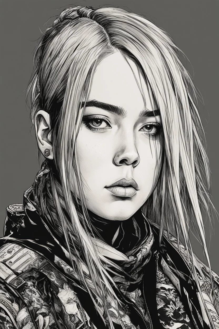 Billie Eilish as a goth punk mercenary huge girl, illustration by Yoji Shinkawa and Katsushika Hokusai, finely detailed facial features, finely drawn and inked, 4k, symmetric, hyperdetailed , obsidian and metallic blue tones