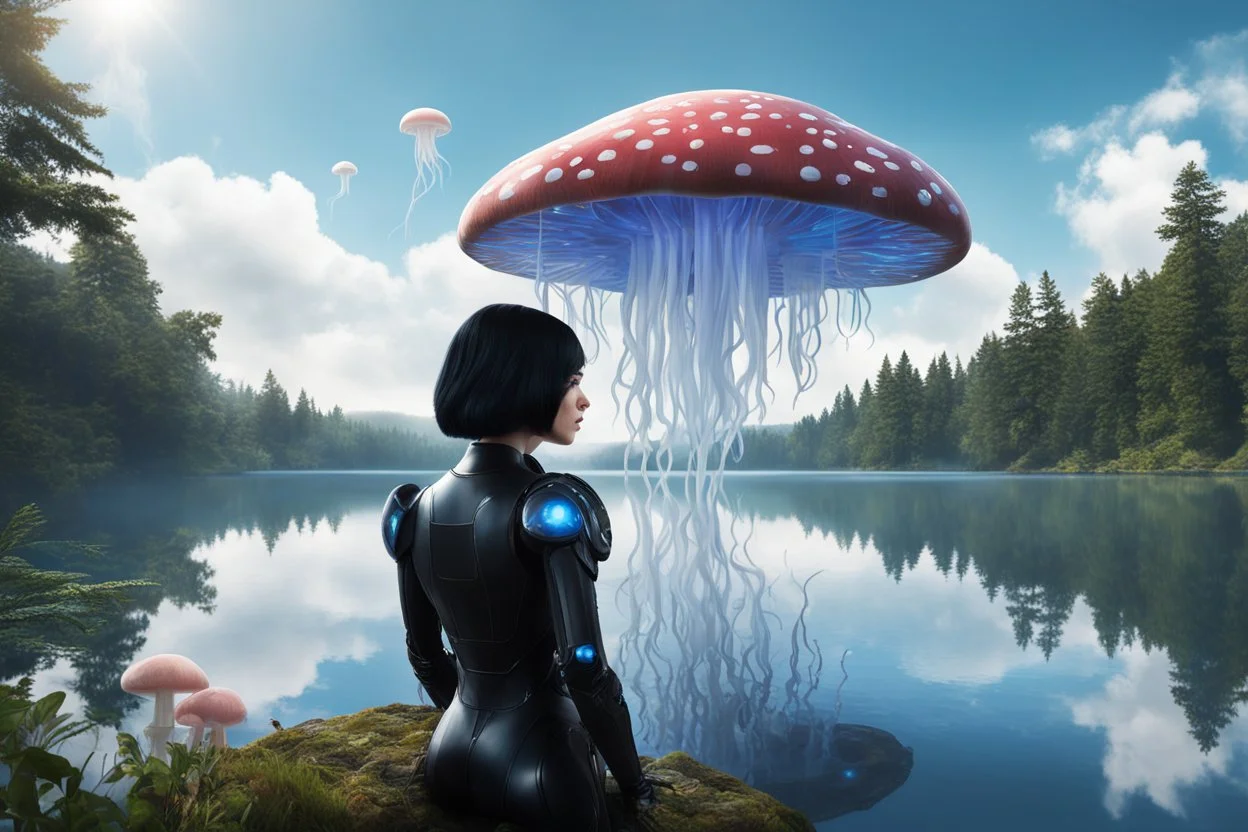 photorealistic photo of a woman with black hair, dressed in an android suit, looking out over a lake, at a mushroom with jellyfish tentacles with tall narrow cloud trees in the background