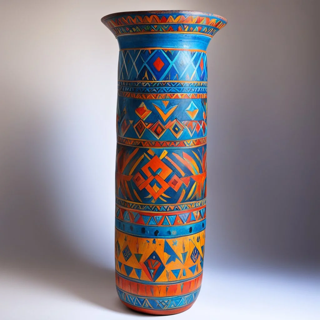 an incredibly tall painted Kabyle pot with the shape of an mystical animal