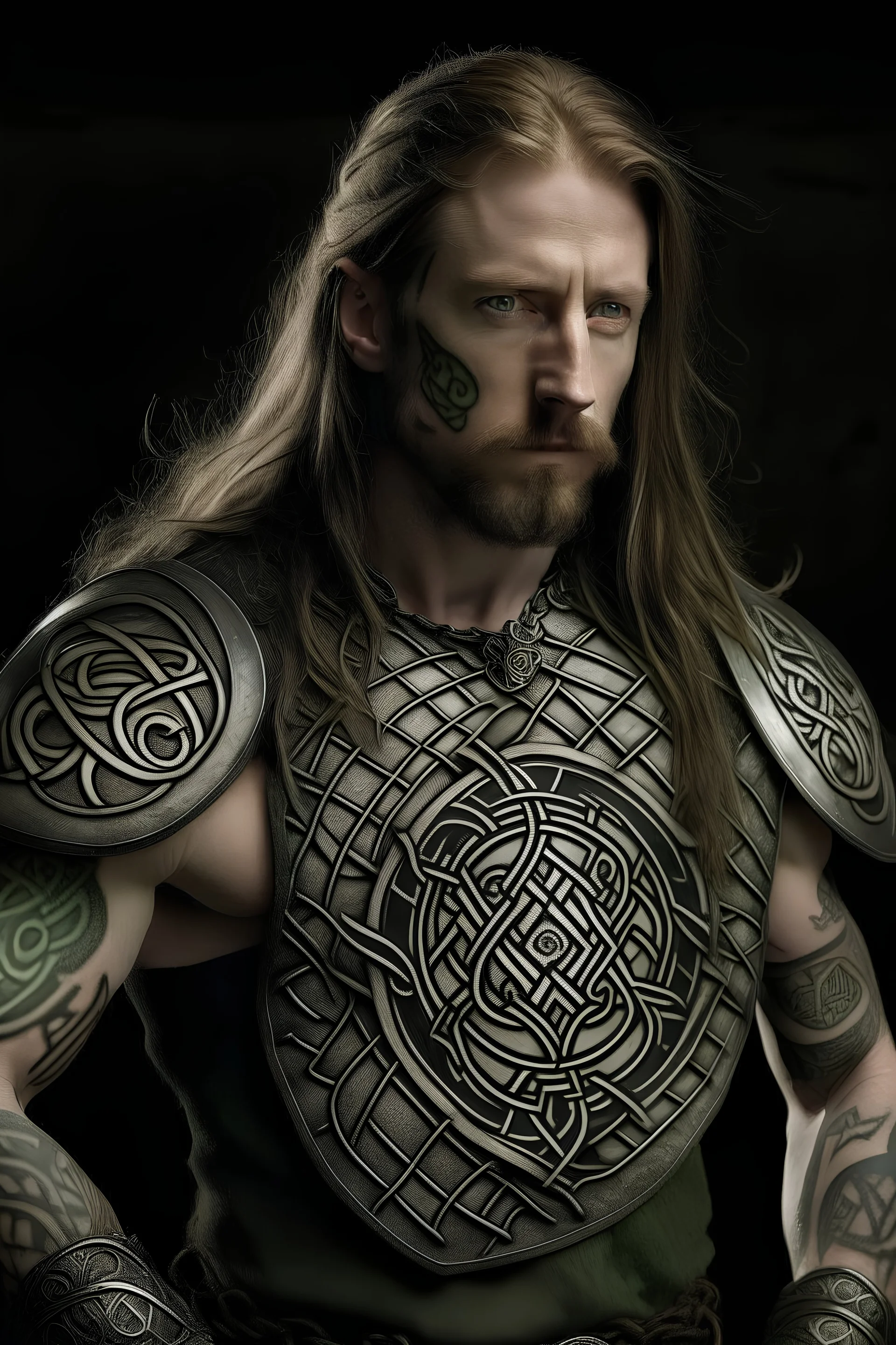clean shaven middle aged long haired celtic symbol decorated armored celtic warrior