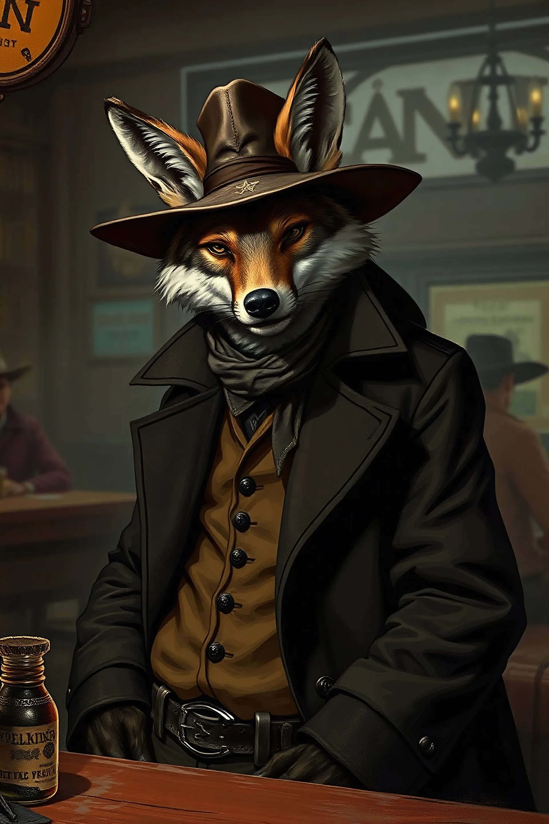 An anthropomorphic coyote man in a saloon, he is clad in a dark trenchcoat and wide brimmed hat is a preist. Grimdark Fantasy