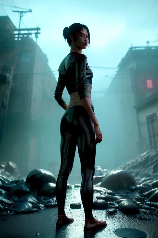 Ultra Realistic image, 25 years old brunette woman, portrait, small stature, small chest, yakuza body tattoo, transparent latex coat, rain, fog, hot, dark, leds, neon, cyberpunk, vibrant color, highly detailed, art stations, concept art, smooth, unreal engine 5, god rays, ray tracing, RTX, lumen lighting, ultra detail, volumetric lighting.