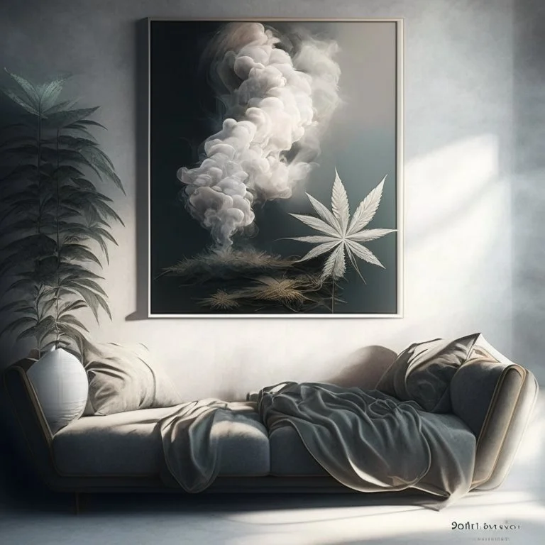 Design an artwork that showcases the pleasure and relaxation derived from indulging in hash and weed, using elements like soft textures, hazy atmospheres, and gentle curves to evoke a sense of tranquility and bliss.