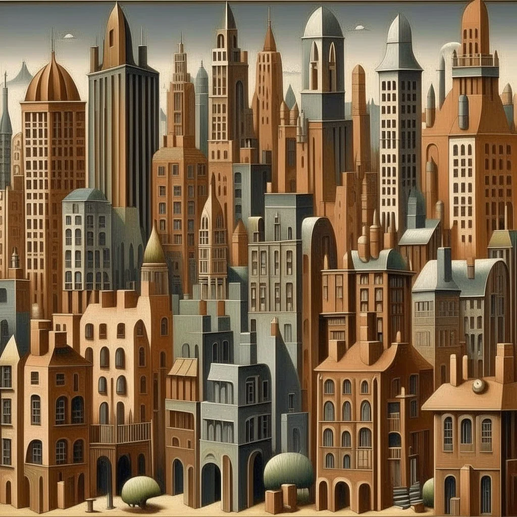 A grayish copper brown city with jazzy instrument shaped buildings painted by Grant Wood