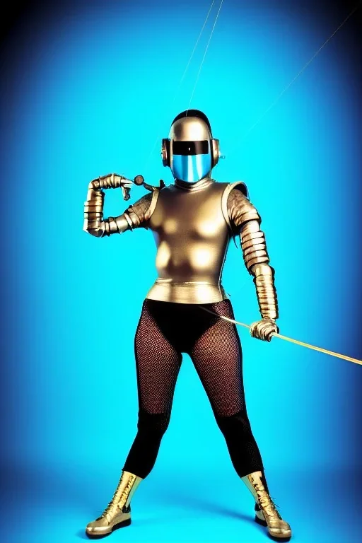 Cyan photograph Cyber-punk, full-mask, AKG-style big headphones, golden rings & disc, fencing mask. Speakers. Jennifer Lopez, sword, lightly armored. Thick tights, thick calves, arched fell, wide hip. Old camera lenses, ancient artifact attached, perfect body. Electronic circuits, device, laser. 5-dimensional Escher tiling background. Daft Punk, Tron Movie. Matrix movie clothes, tippet, latex. Wicked sneakers. 1990's, old telephone microphone as mouth. Minimalism fashion Future