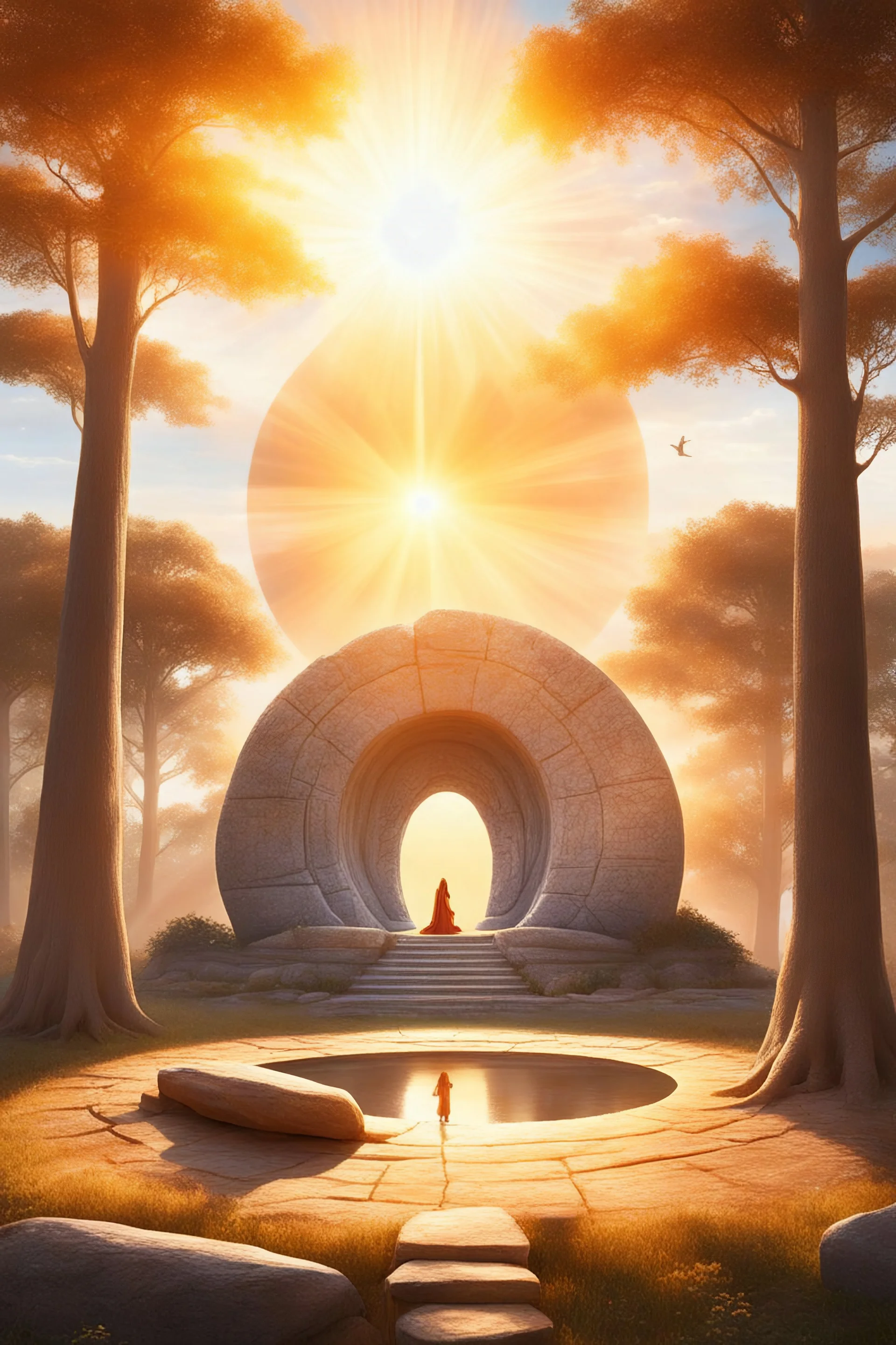 Un magnifique dolmen des fées entoure d' arbres en cercle , un être extraterrestre s' avance près d' une belle jeune femme assise dur une pierre , grand soleil belle lumière dorée
