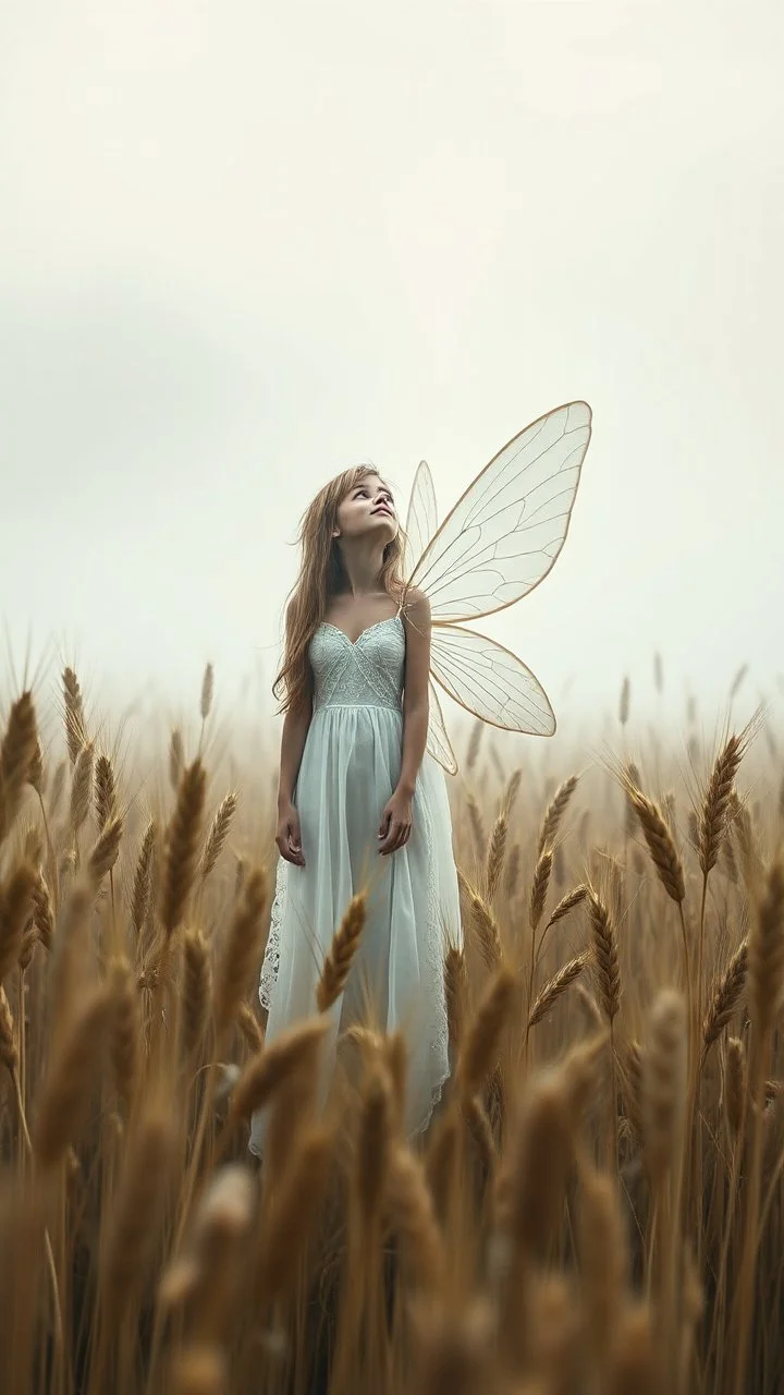 Extremely realistic photo of fairy ,looking up ,standing among big fields of barley in big winks, fog, general foul weather, (Rembrandt Lighting), zeiss lens, ultra realistic, (high detailed skin:1.2), 8k uhd, dslr, Dramatic Rim light, high quality, Fujifilm XT3, artwork in pale distressed tones , minimalistic approach, blends old world aesthetics art with elements of distressed painting and illustration, shadow play, high conceptuality, palette inspired by Charlene Mc Nally, Carne