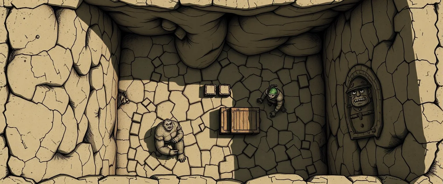 map of 4x4 meter room, with an ogre and an orc captain, and a chest under a table, the room is rough and cavelike, we also see winding paths around the room