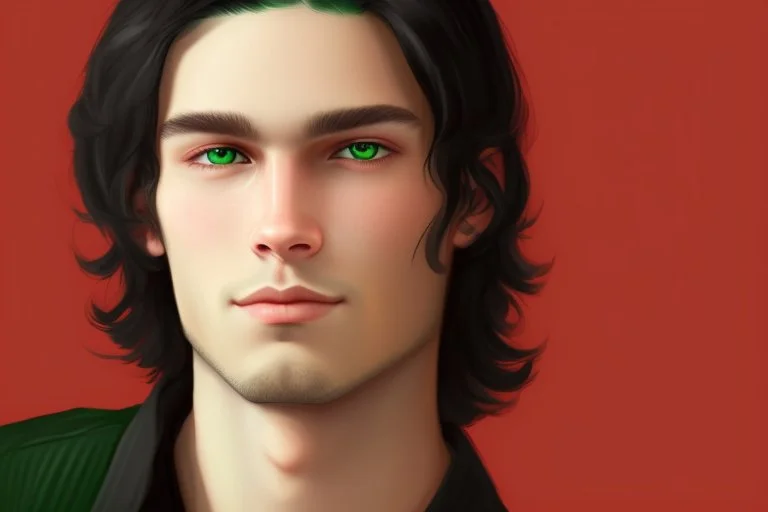 a young male with shoulder length black hair and green eyes, slight smile