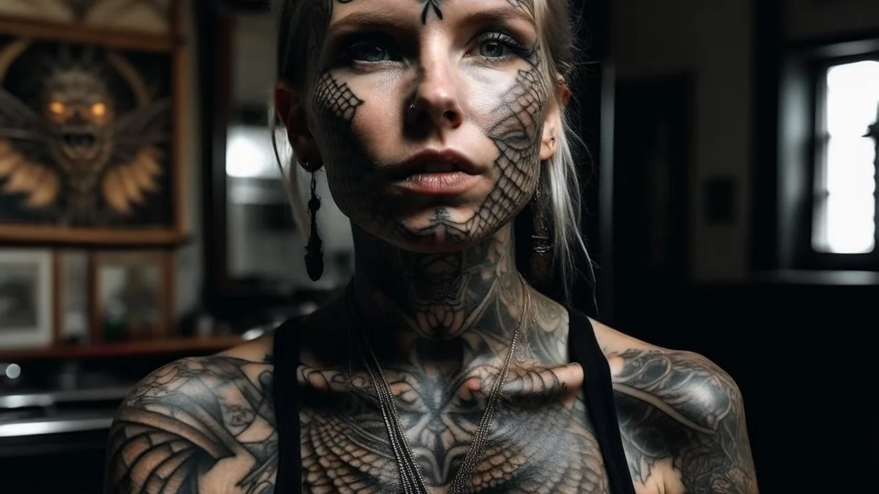 Woman Body: torn Skin: heavily tattooed Extremities: emaciated Face: wrinkled Hair: oily Eyes: hazel Nose: straight Mouth: small lower lips Height: towering Supernatural trait: wings