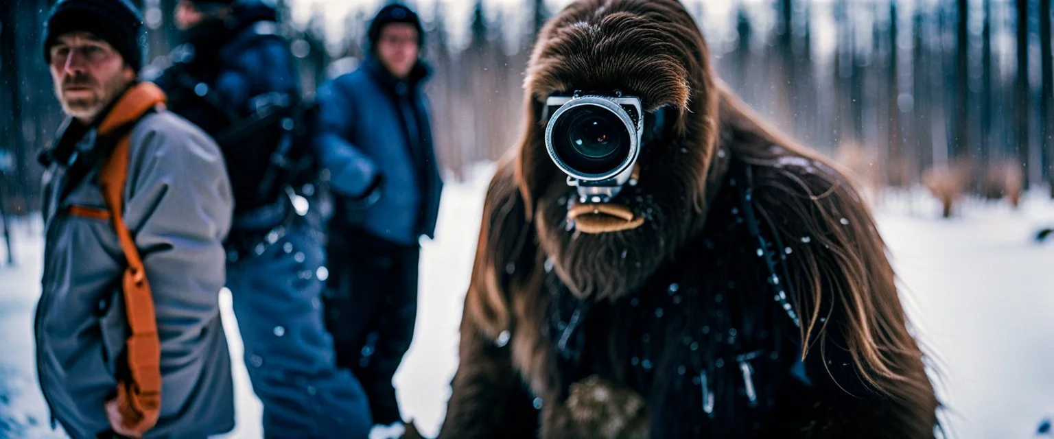 close up documentary photography, Yeti, Bigfoot, Yeti Scientist, Dystopian, Japanese, Extreme depth of field, bokeh blur, winter, blizzard, Alberta, all-natural, in the style of candid, imperfection, natural lighting, Professional shot, shot on Agfa, Fuji Film, Anamorphic lens, 1980s, --ar 4:5 --w 150 --style raw