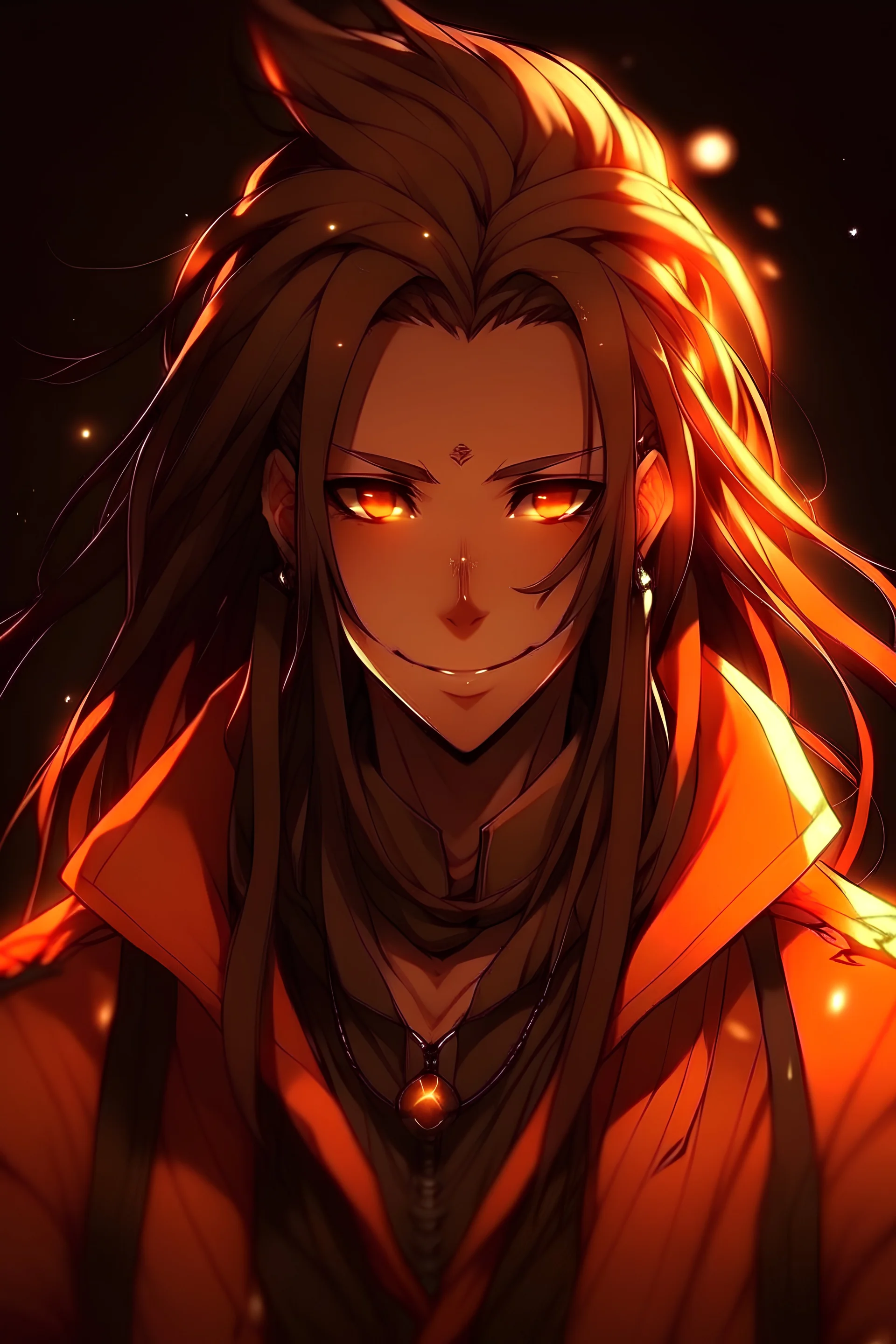 Anime male, age 22, long thick dreadlocks doing down past neck length, orange highlights in hair, dark brown natural hair color, black and orange zip up jacket, deep orange eyes, lean slim muscular body, cybernetic features on face, glowing orange cybernetic features in hair, relaxed smile