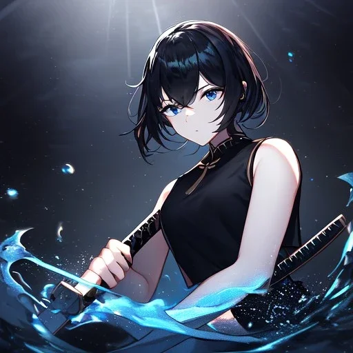 Clear focus,High resolution, black short fluffy hair, long fluffy bangs, and dark blue eyes, Depressed girl, wearing a black short shirt with a black sleeveless crop top, dark aura, controlling water, in a black room, holding a katana