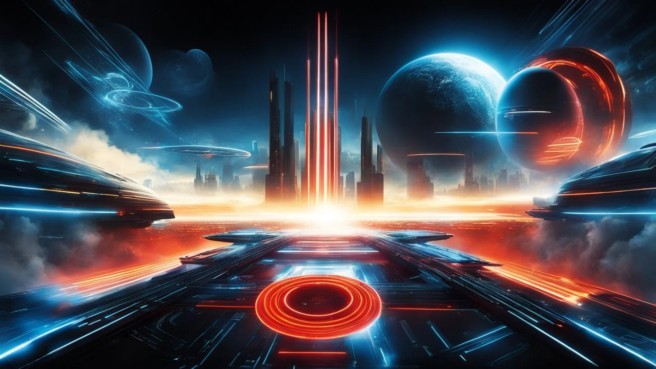 tron legacy movie, city of lights blue, red and yellow , programs, space ships, clouds, planets