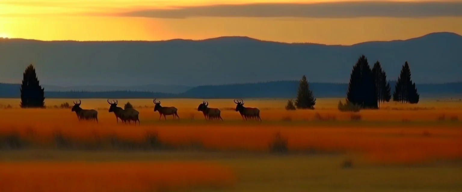 Elk crossing a prairie field, magic hour