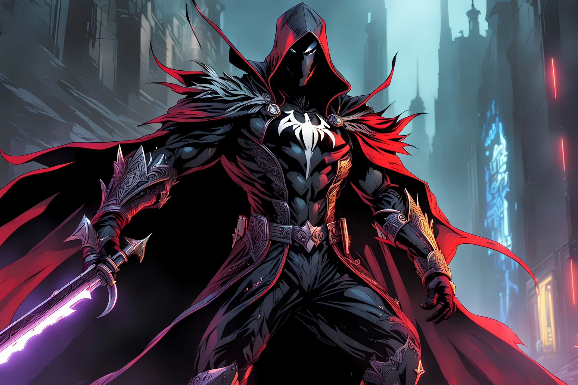 Spawn in 8k solo leveling shadow drawing style, close picture, rain, neon lights, intricate details, highly detailed, high details, detailed portrait, masterpiece,ultra detailed, ultra quality