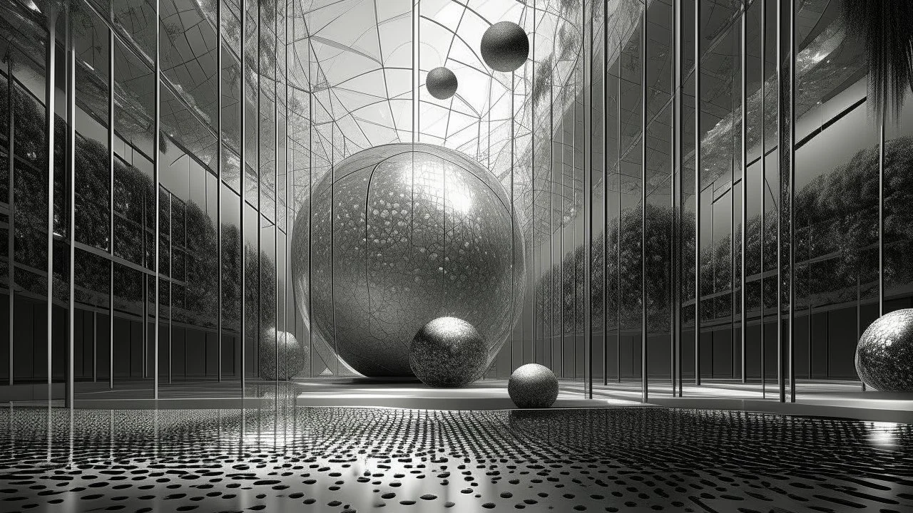 Fusión experimental entre espacio imposible, distorsión óptica y invernadero; escenario utópico aparece transformado mediante invasión, composición/estilo: contraste entre orden y caos, minimalismo contemplativo, plata, gris y blanco, gran angular de 20 mm, escala planetaria, absurda. Fusión experimental entre espacio imposible, distorsión óptica y invernadero; escenario utópico aparece transformado mediante invasión, composición/estilo: contraste entre orden y caos, minimalismo contempla