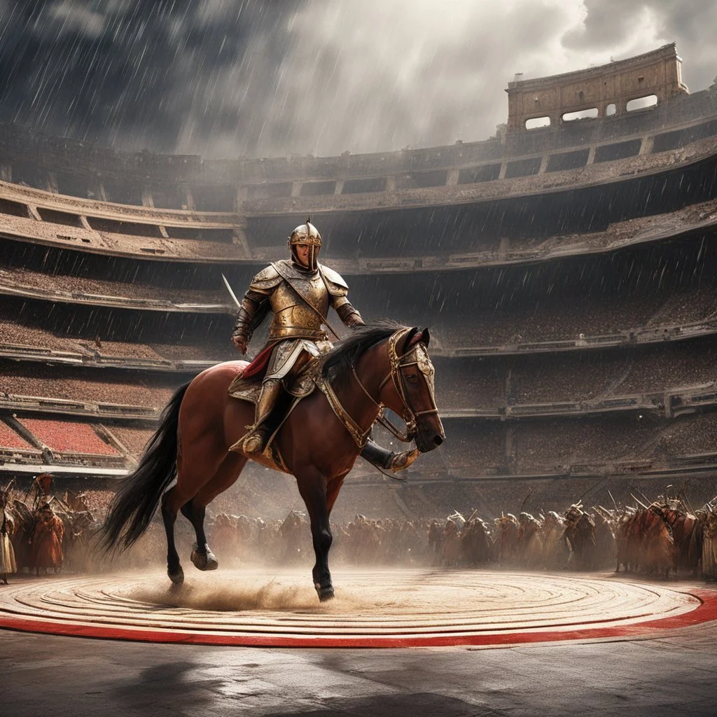 But wait. A new idea forms. In ancient Rome, a grand carousel of gladiators and gladiatrix spins under the sun in the arena. As rain falls, men and women ride beasts and fantastic animals in a hypnotic rhythm, creating a mesmerizing scene of ancient valor and beauty. The clash of swords, the thunder of hooves, the swirling colors paint a living tapestry of Roman legend that captivates all who witness it.