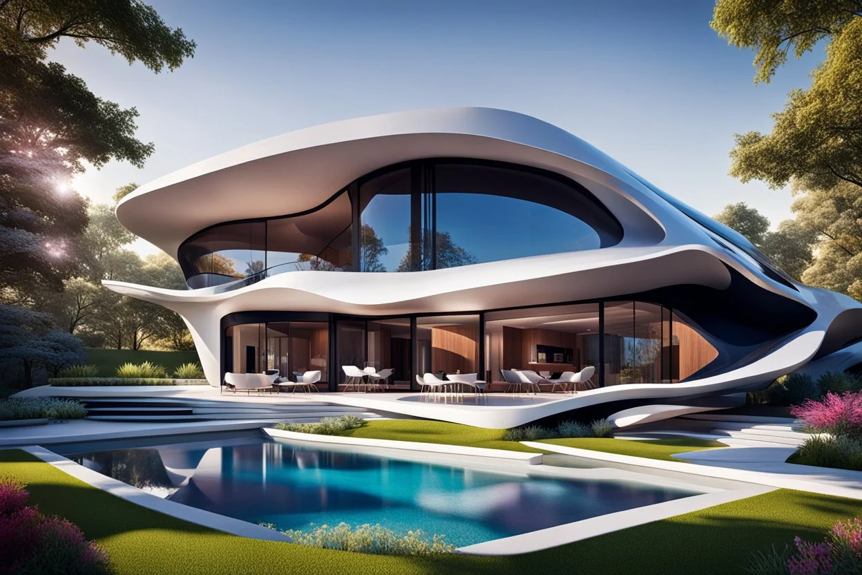 Hermosa casa campestre moderna estilo Zaha Hadid, paisaje colorido, calidad ultra, hiperdetallado, increíble obra de arte, maximalista,12k