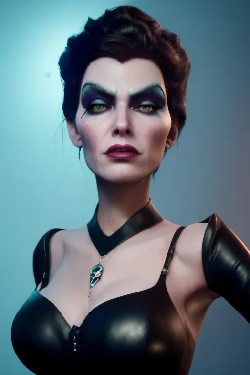 Lene Nystrøm as evil queen in black leather, busty, cleavage, voluptuous, Aqua Lene, angry, stern look. character design by cory loftis, fenghua zhong, ryohei hase, ismail inceoglu and ruan jia. unreal engine 5, artistic lighting, highly detailed, photorealistic, fantasy