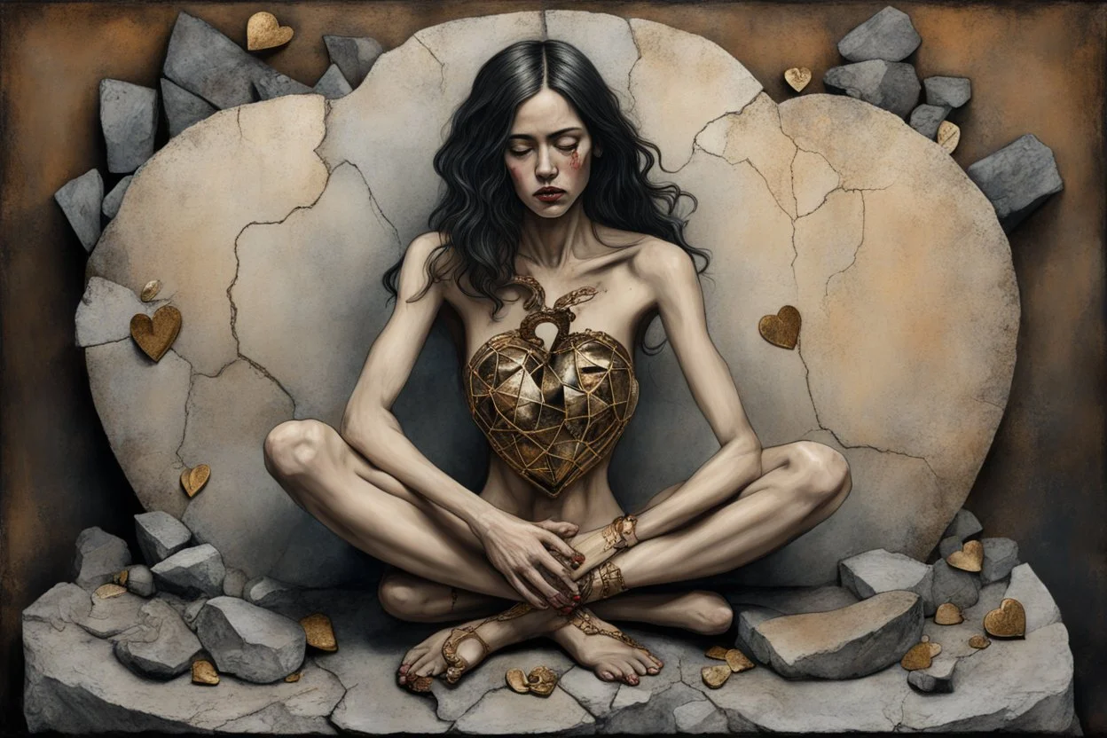 A sad and broken beautiful young woman is sitting on a stone holding a broken metal heart in her hands; perfect anatomically correct hands, perfect anatomically correct feet, mixed media collage, textured, layered, assemblage, inspired by Brian Viveros and Esao Andrews, elements of kintsugi on the edges of the heart with a gold and oxidized copper patina, backdrop of tumbleweeds and cacti interspersed with delicate flowers and subtle bokeh effects, the entire composition exuding an aura of grief