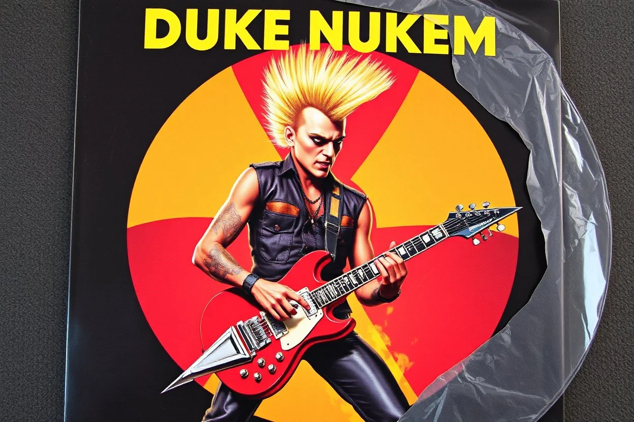 Record sleeve for 80's metal band text "DUKE NUKEM" for album text "GREATEST BLASTS", Duke Nukem blonde high buzz cut character dramatically jamming on an electric guitar that is styled like a ICMB missile, background is a radiation symbol, over the top Duke Nukem aesthetic, digital photograph, vinyl record partially pulled from sleeve