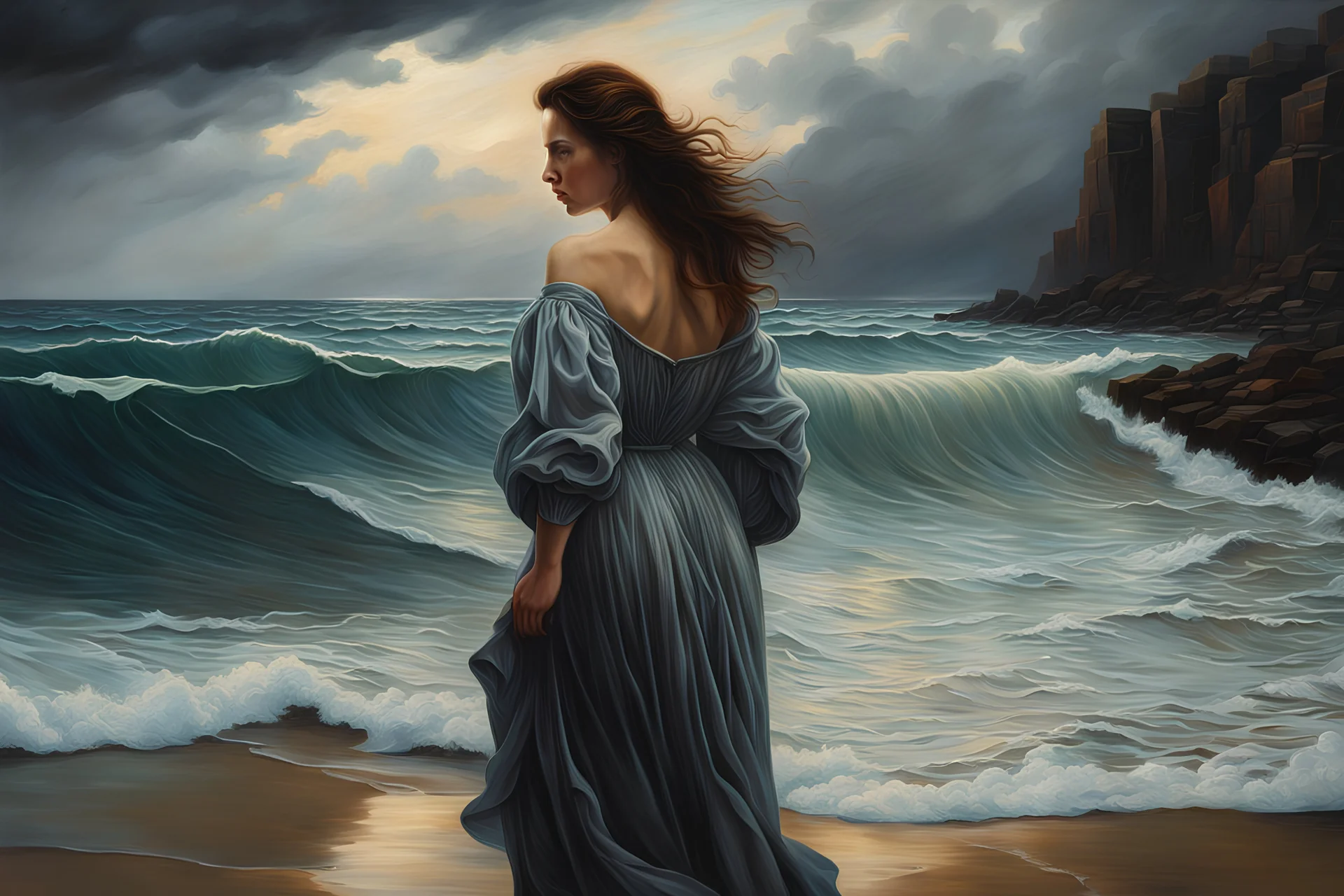 create a classical-abstract-realist fantasy painting of a lonely distraught woman with highly defined facial features, walking on the shore of a tempestuous sea in the style of Donato Giancola, Hans Memling, and Caravaggio, 8k, highly detailed, otherworldly and fantastic