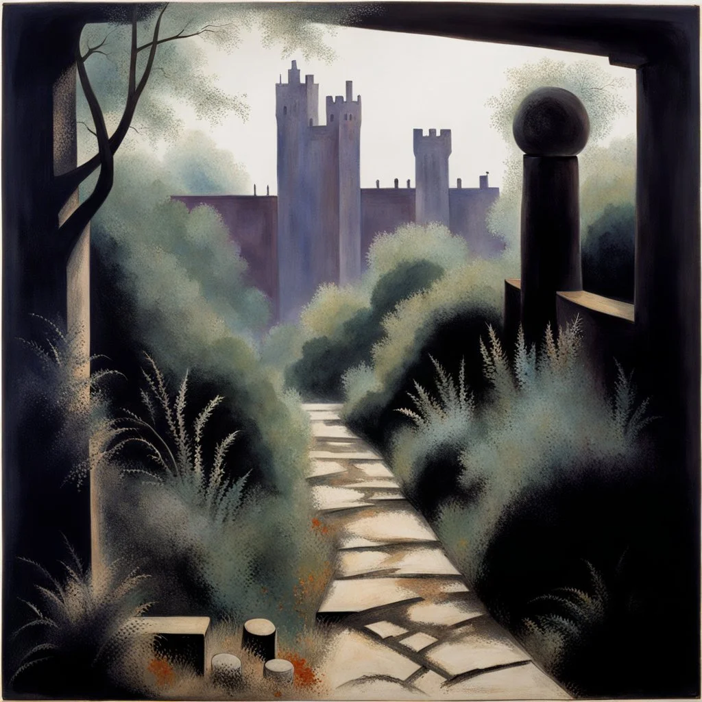 Odd landscape odd brutalist, George Grosz, bright, weird, cespugli, sfocato, sentiero, osceno, dettagli della cornice molto accentuati, polvere, 1950, old