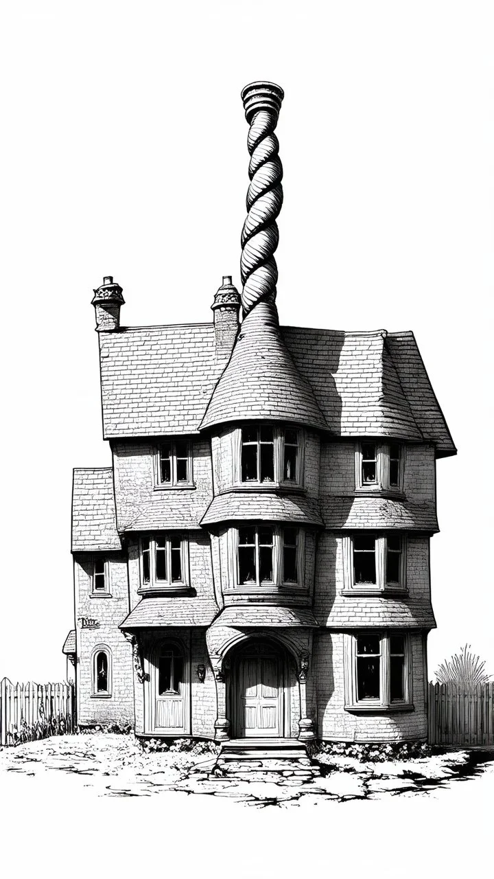 A highly detailed front elevation line drawing of a crooked fantasy house, with a twisted tall chimney, rooms and floors added to the sides and roofs, like Harry Potter's the Burrow.