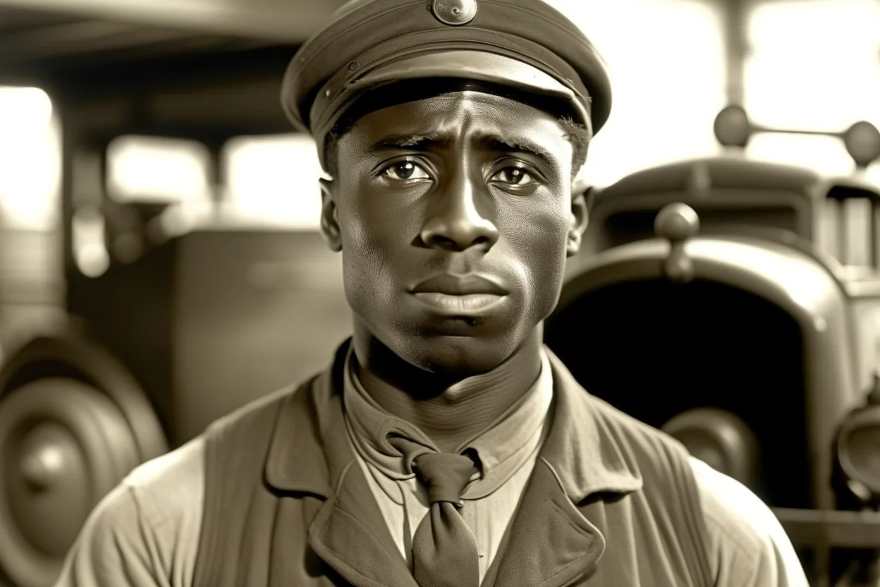 ww1 black driver talking close-up standing up looking to the camera, ww1 garage background