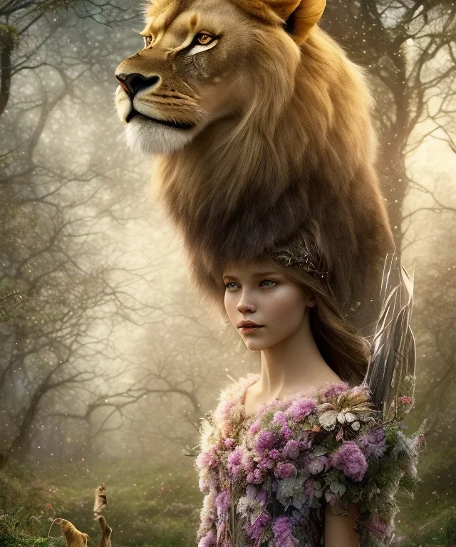 Young beautiful girl wearing floral crown and standing next to a majestic, stunning lion on nature forest path, Chronicles of Narnia, movie poster, 8k resolution, high-quality, fine-detail, iridescent, intricate, digital art, detailed matte, volumetric lighting, beautiful, illustration, 3D octane render, brian froud, howard lyon, selina french, anna dittmann, annie stokes, lisa parker, greg rutowski,