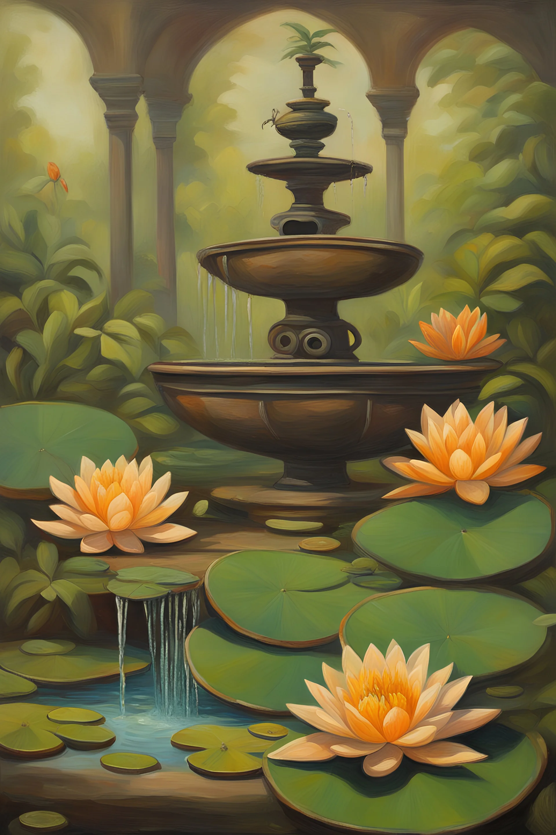 oil painting of exotic flowers and waterlilies, growing in a ditch, with a small steampunk fountain in the background