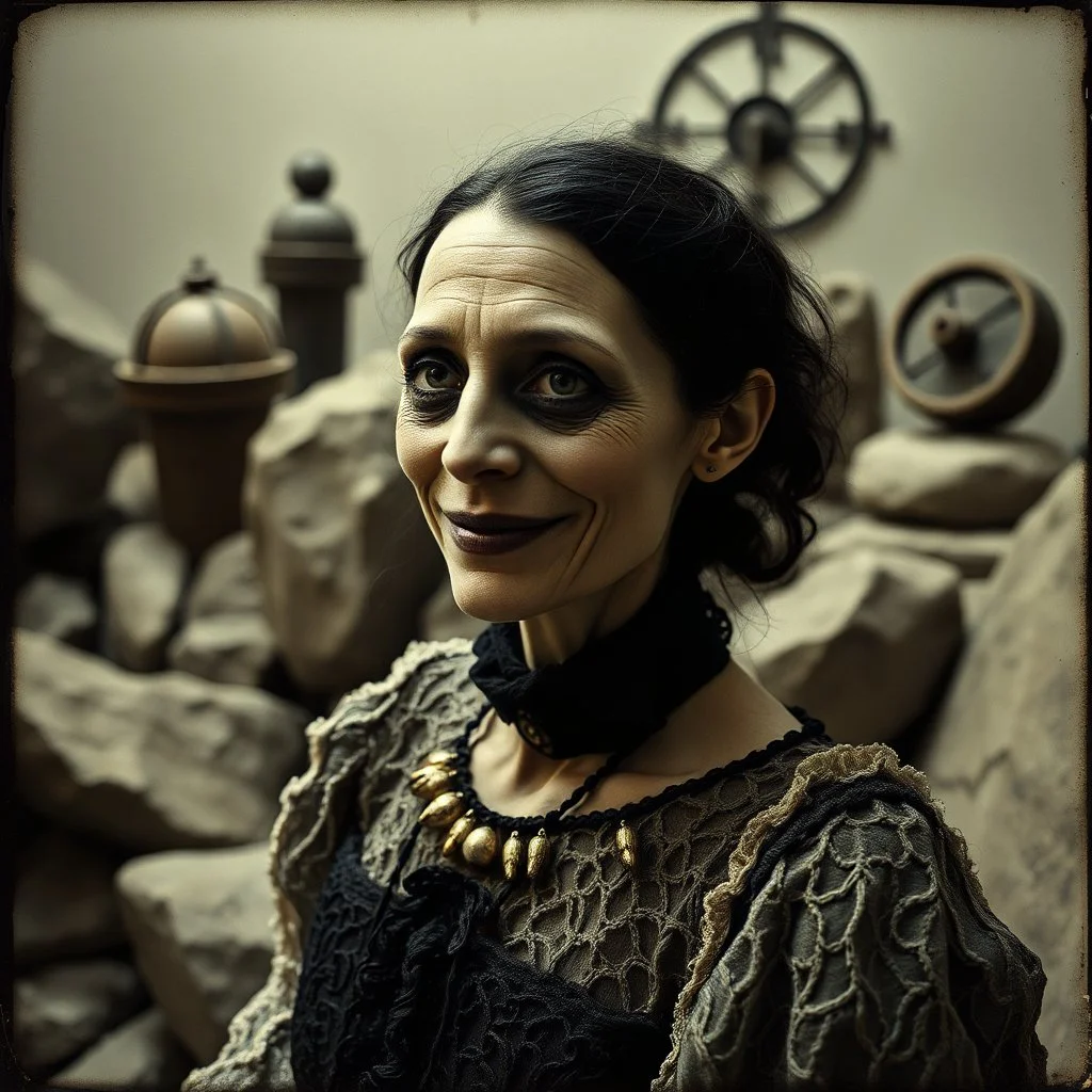 photo, 1920 horror movieshot, rocks, very odd objects in background, Ades, persone con sorriso falso e occhi, Charon, tenebroso, macabro, marcio, interno museo, fiotti di liquido nero che zampillano, hypermaximalist, strangeness, sundial light, odd, intricate, Lawrence Alma-Tadema style, albero, hypnotic, very accentuated details of the dress and skin, eerily mysterious, artistic photo, shot on Hasselblad, sadness, follia, smoke, daguerrotype